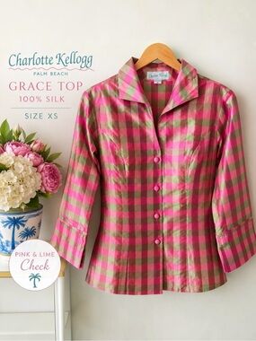 Charlotte Kellogg Grace Top XS 100% Silk Taffeta Pink Lime Check Blouse $250